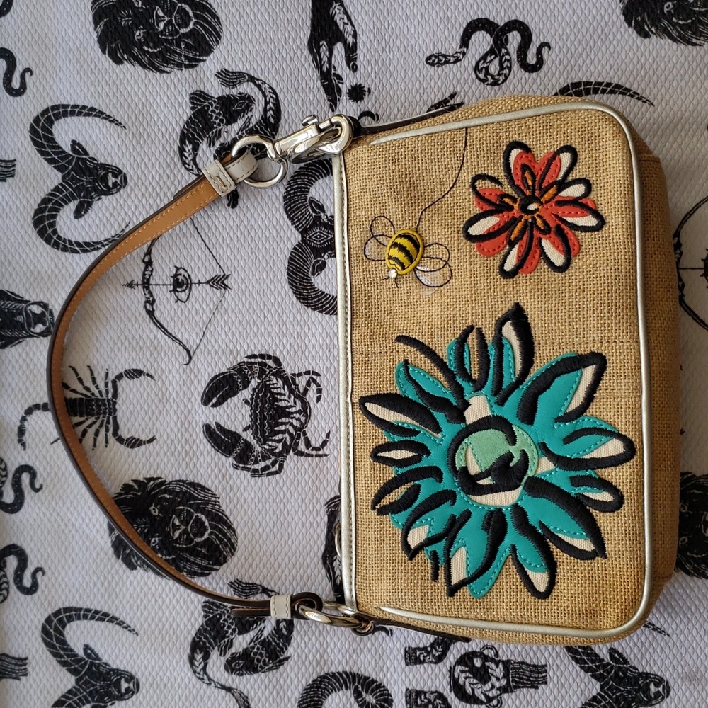 Coach burlap Demi Bumblebee shoulder bag